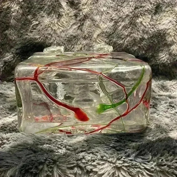 Romantic Red and Green on Clear Swirl  Art Glass Vase Handbag Purse - Picture 4 of 13